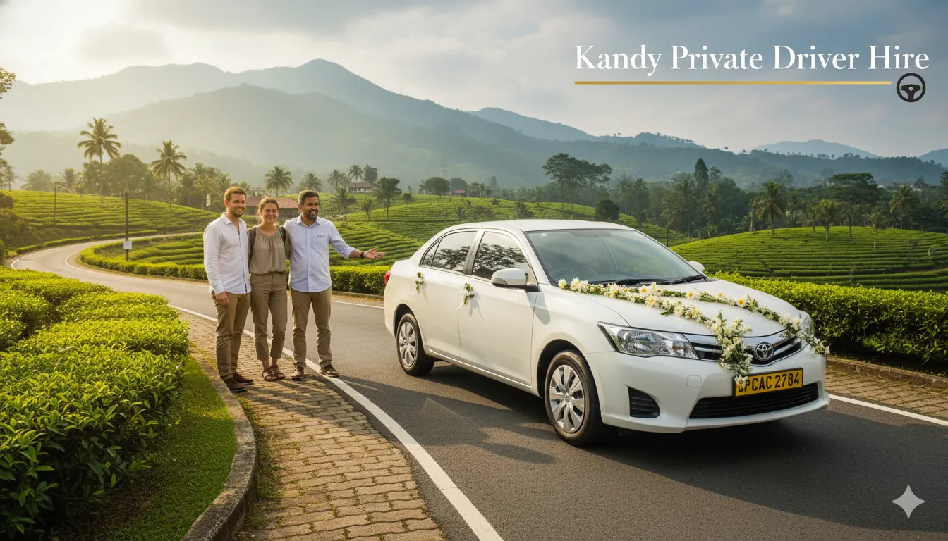 Kandy private driver hire with tourists near tea plantation Sri Lanka